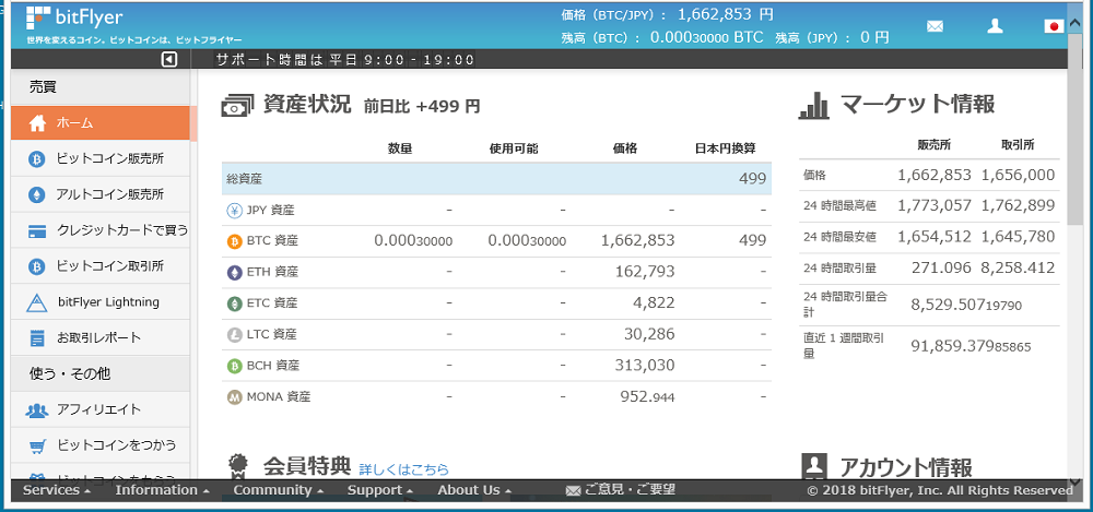 ビットフライヤー資産状況画面