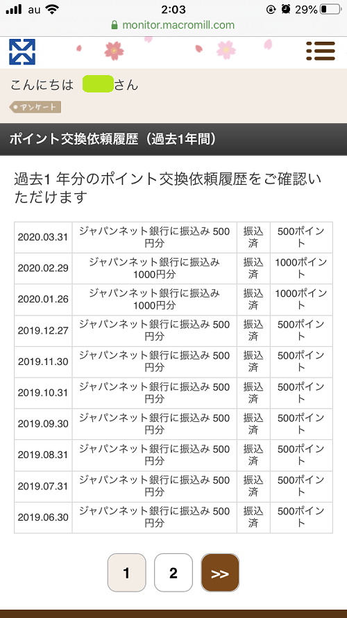 マクロミルの換金履歴