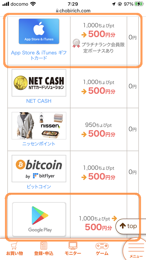 ちょびリッチのポイント交換先